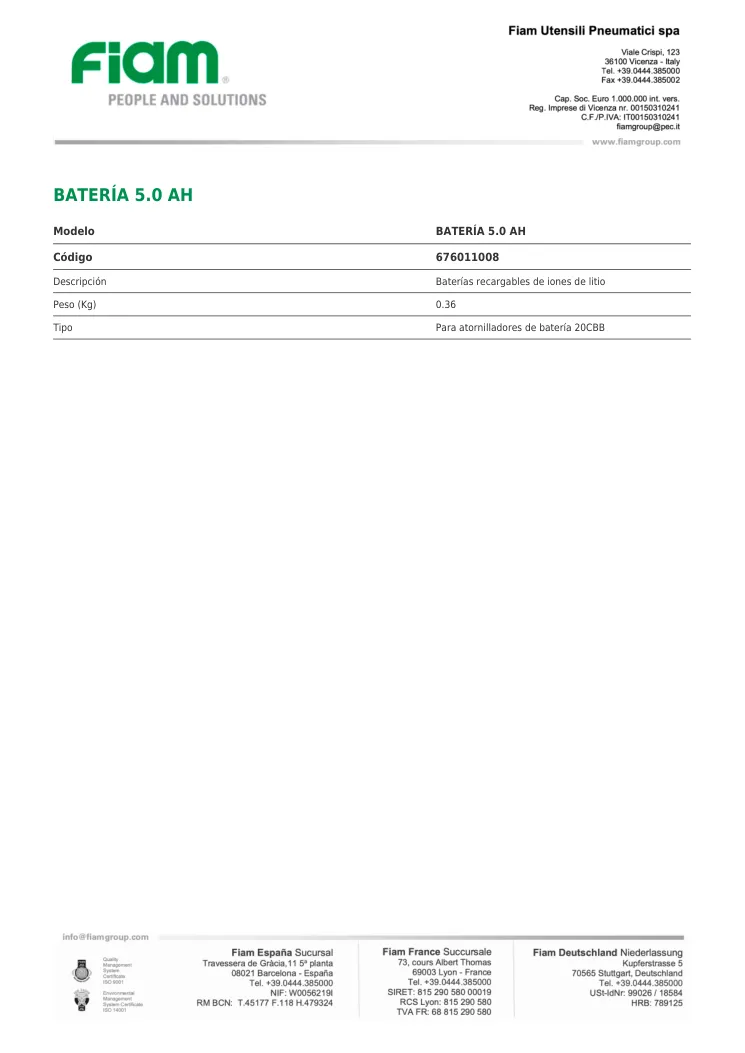 Ficha técnica · BATERÍA 5.0 AH · BATERÍA 5.0 AH