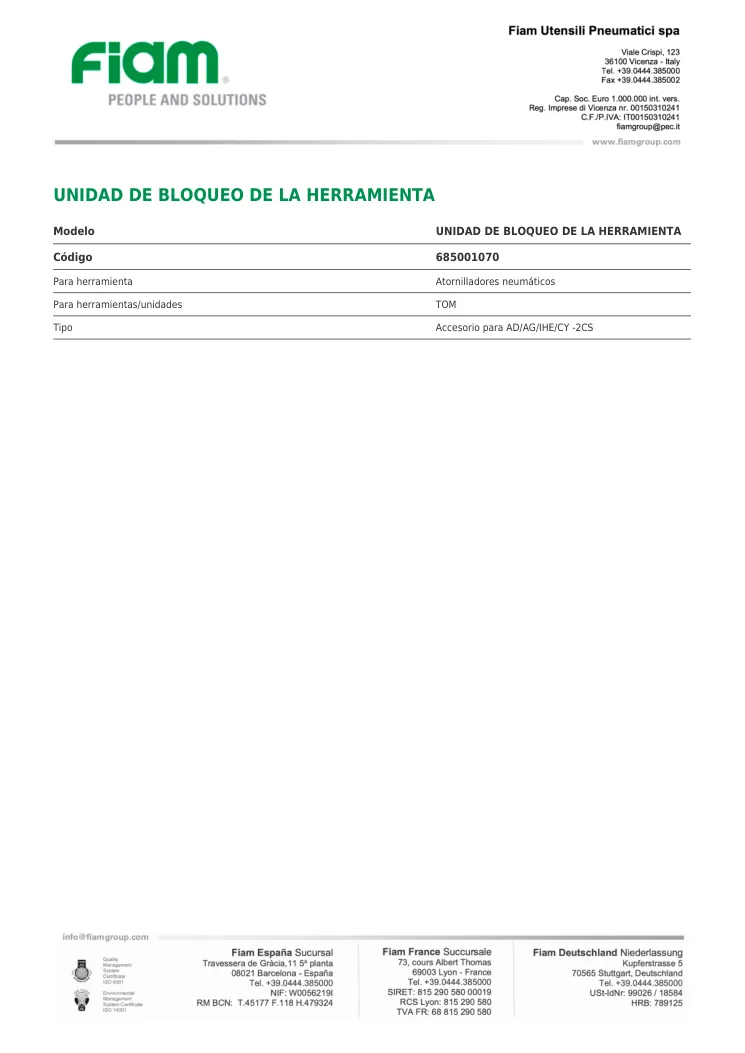 Ficha técnica · UNIDAD DE BLOQUEO DE LA HERRAMIENTA · UNIDAD DE BLOQUEO DE LA HERRAMIENTA