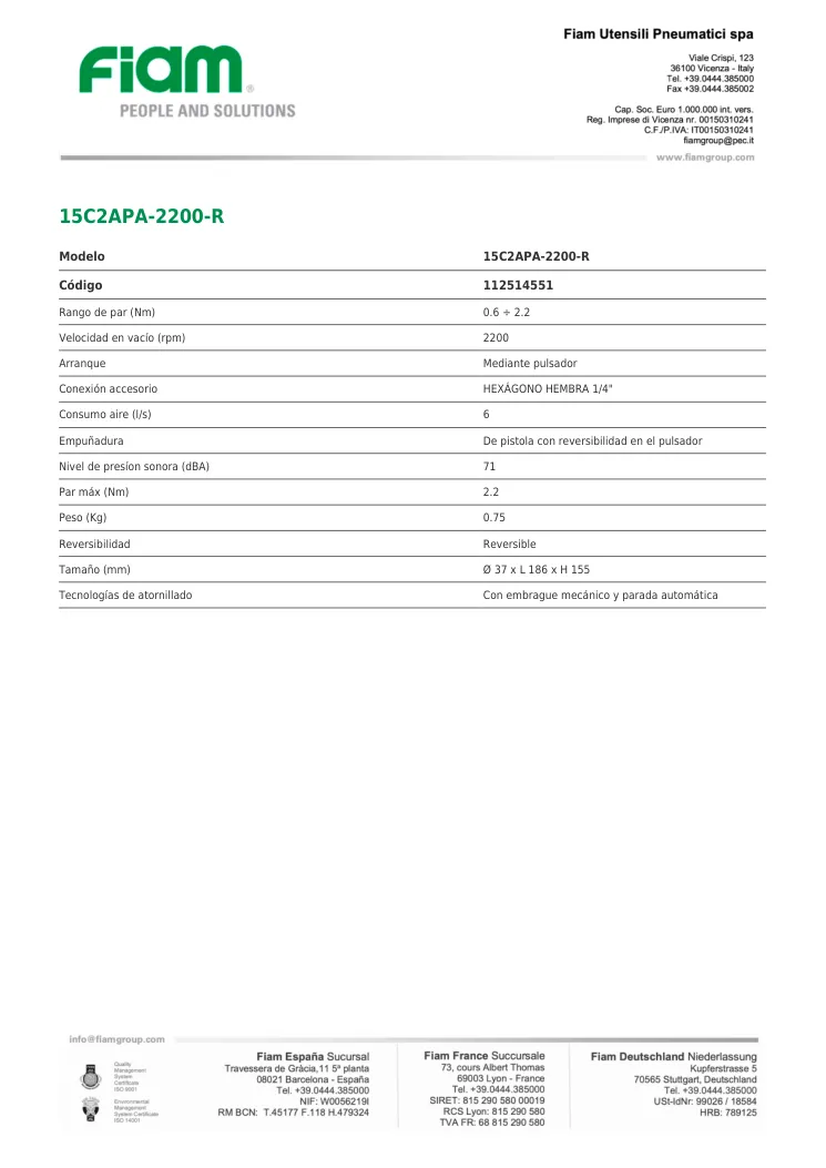 Ficha técnica · 15C2APA-2200-R · 15C2APA-2200-R