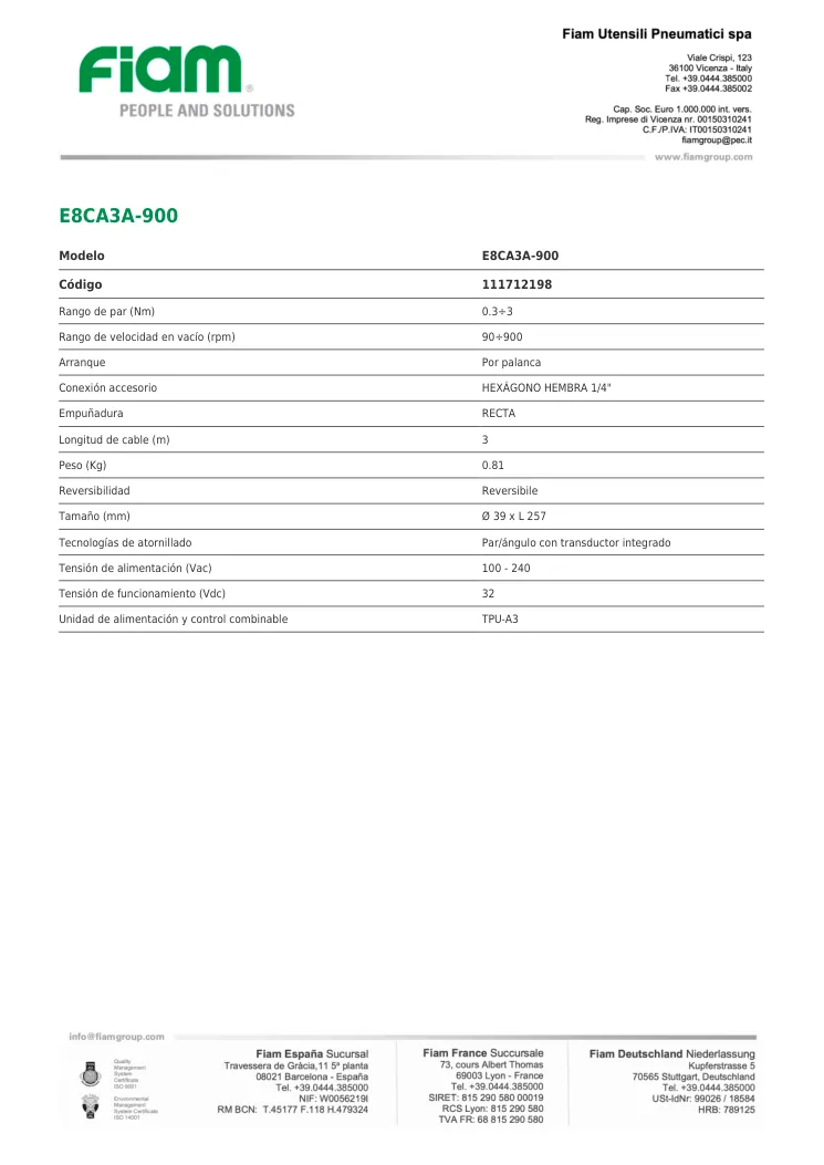 Ficha técnica · E8CA3A-900 · E8CA3A-900