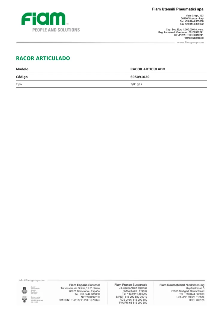 Ficha técnica · RACOR ARTICULADO · RACOR ARTICULADO