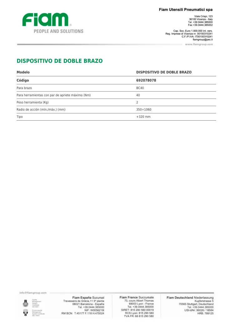 Ficha técnica · DISPOSITIVO DE DOBLE BRAZO · DISPOSITIVO DE DOBLE BRAZO