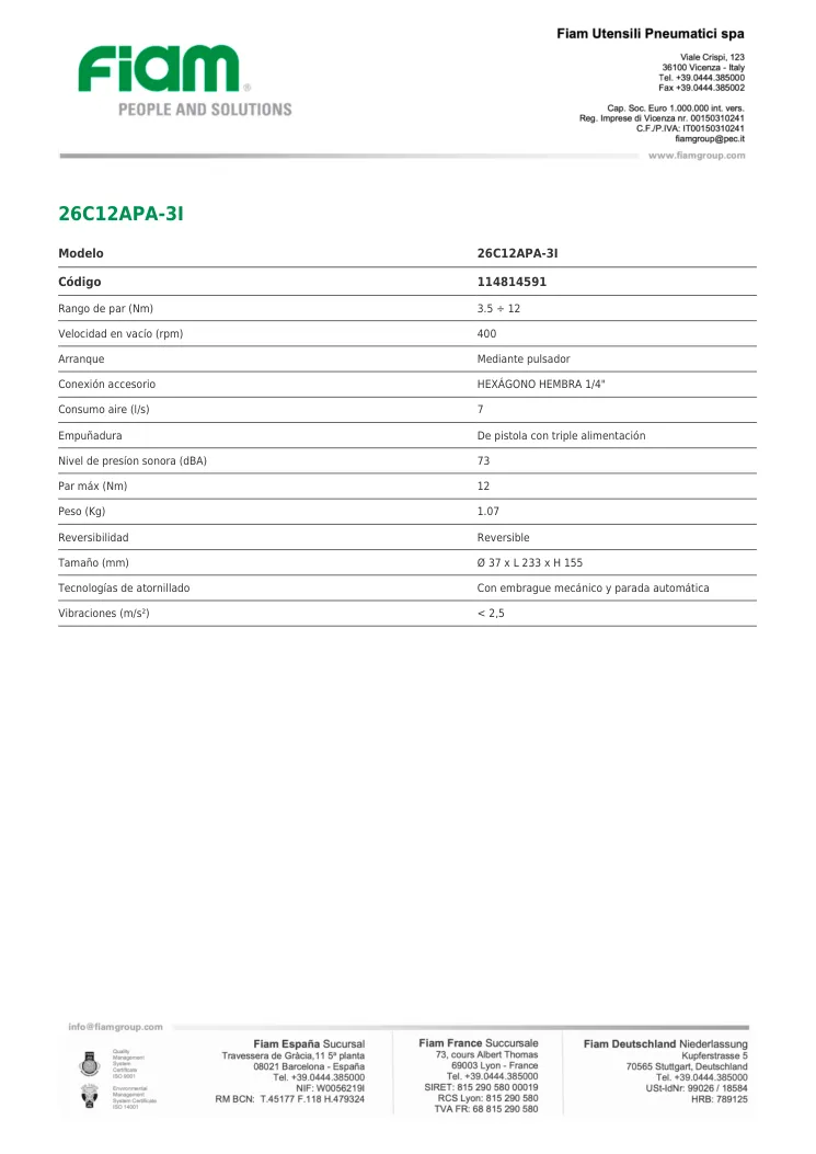 Ficha técnica · 26C12APA-3I · 26C12APA-3I