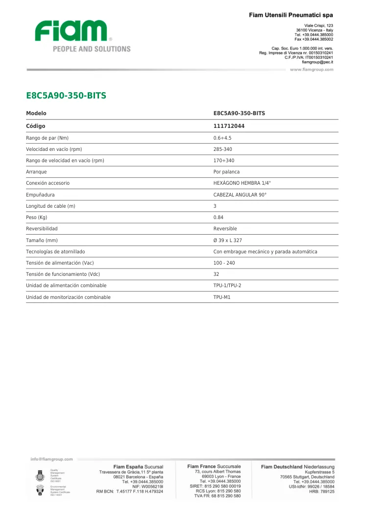 Ficha técnica · E8C5A90-350-BITS · E8C5A90-350-BITS