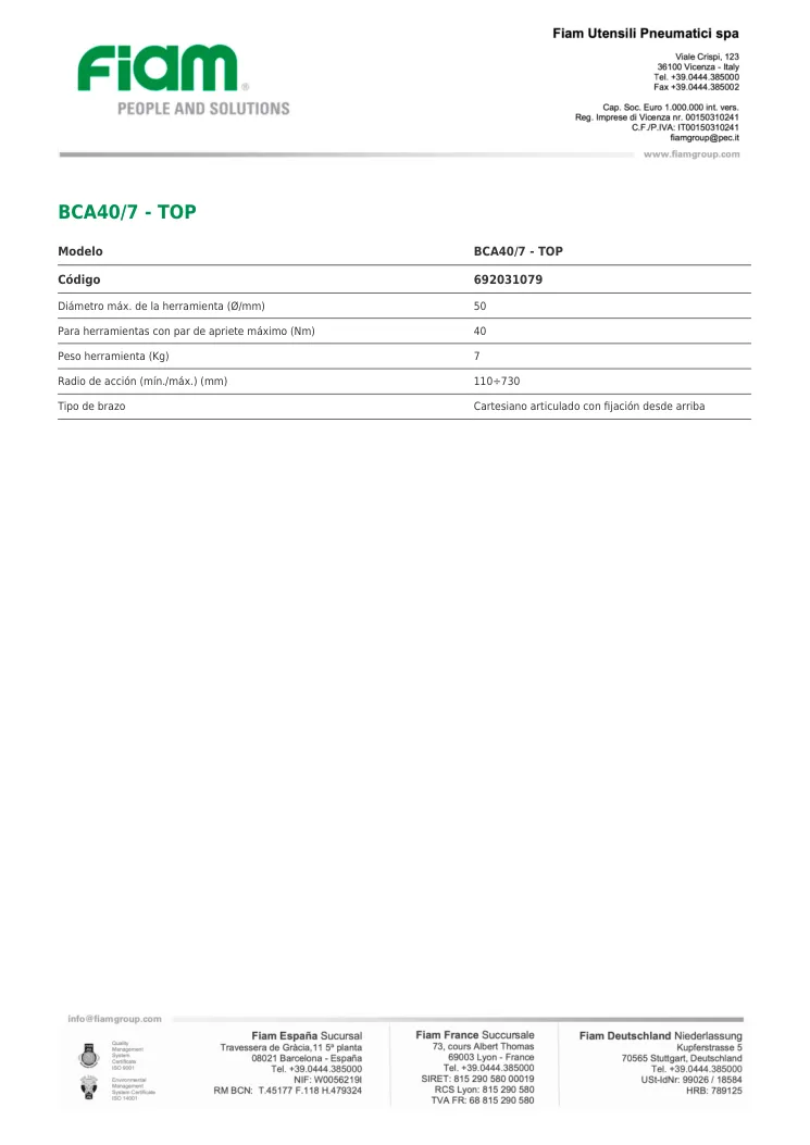 Ficha técnica · BCA40/7 - TOP · BCA40/7 - TOP