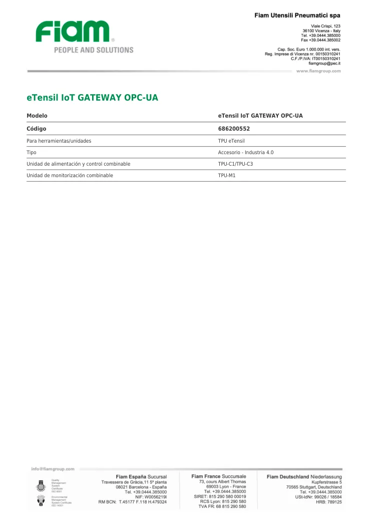 Ficha técnica · eTensil IoT GATEWAY OPC-UA · eTensil IoT GATEWAY OPC-UA