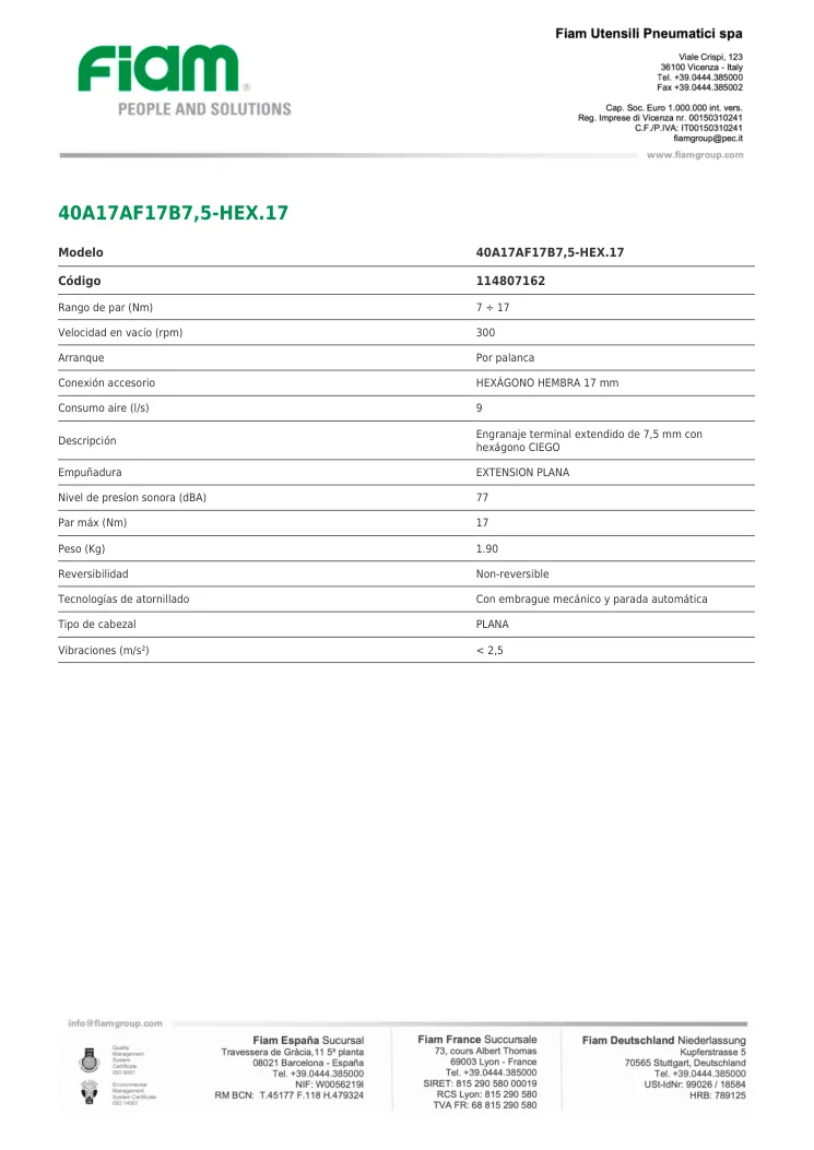 Ficha técnica · 40A17AF17B7,5-HEX.17 · 40A17AF17B7,5-HEX.17