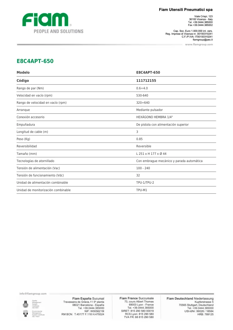 Ficha técnica · E8C4APT-650 · E8C4APT-650