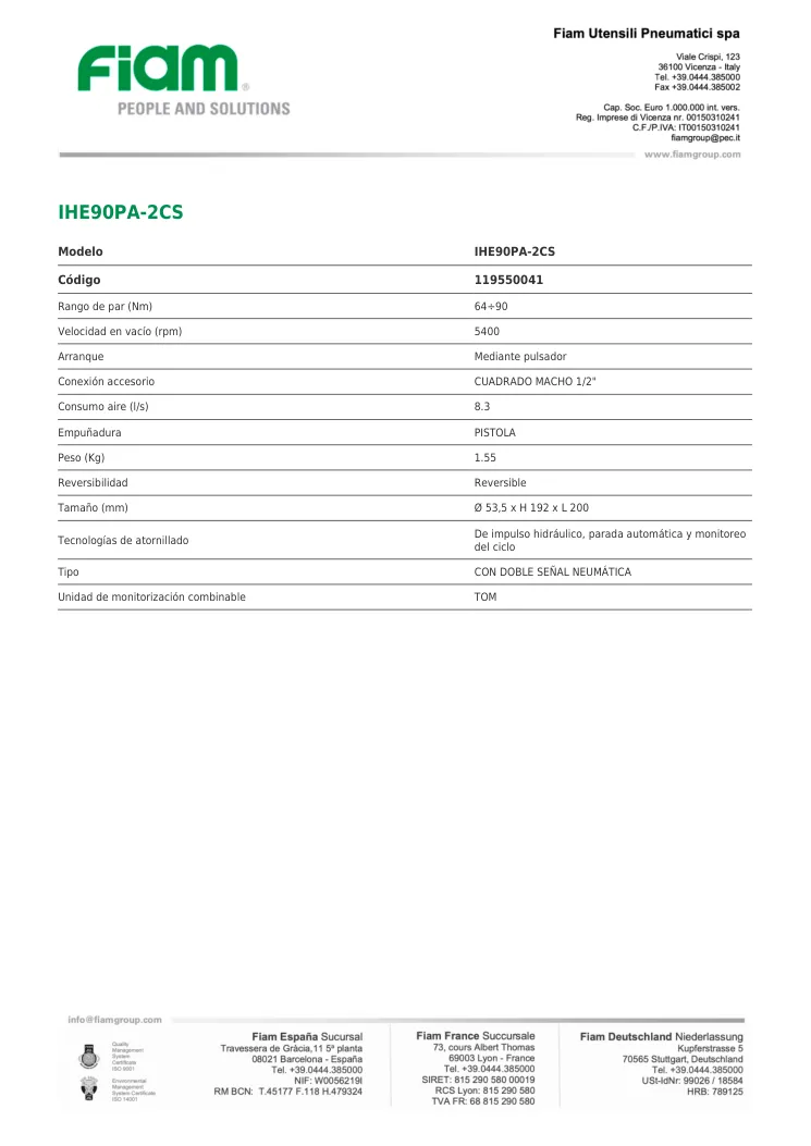 Ficha técnica · IHE90PA-2CS · IHE90PA-2CS