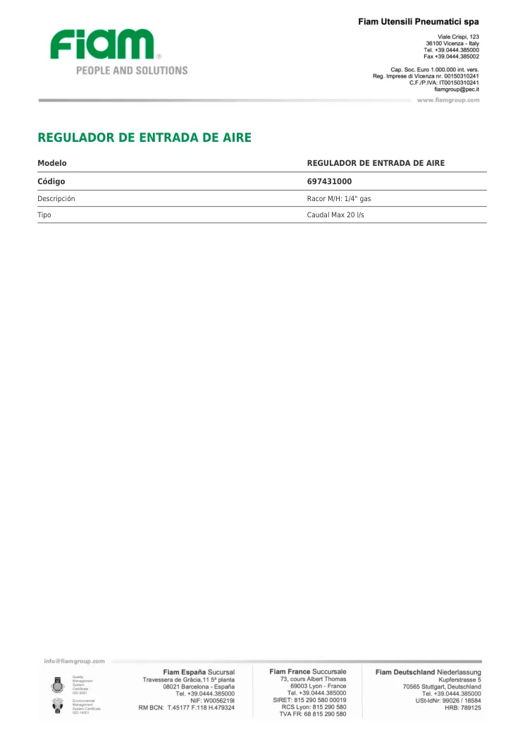 Ficha técnica · REGULADOR DE ENTRADA DE AIRE · REGULADOR DE ENTRADA DE AIRE