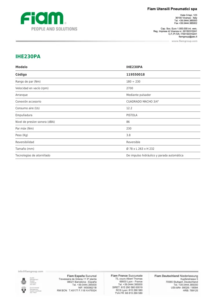 Ficha técnica · IHE230PA · IHE230PA