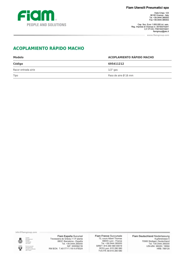 Ficha técnica · ACOPLAMIENTO RÁPIDO MACHO · ACOPLAMIENTO RÁPIDO MACHO