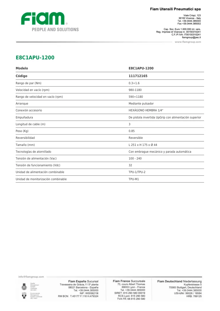 Ficha técnica · E8C1APU-1200 · E8C1APU-1200