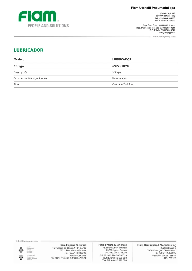 Ficha técnica · LUBRICADOR · LUBRICADOR