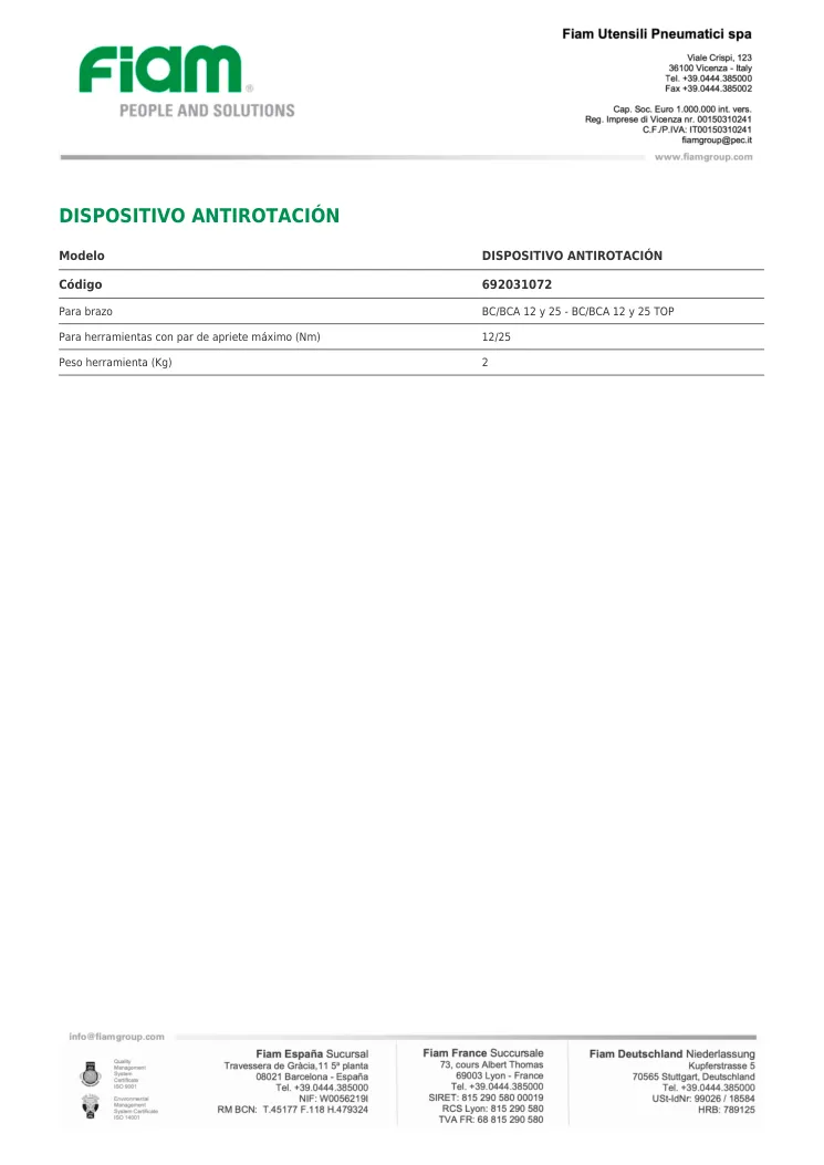 Ficha técnica · DISPOSITIVO ANTIROTACIÓN · DISPOSITIVO ANTIROTACIÓN