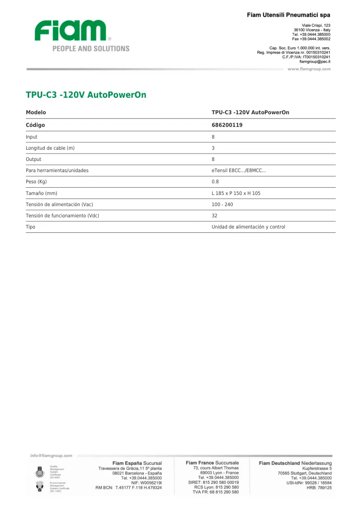 Ficha técnica · TPU-C3 -120V AutoPowerOn · TPU-C3 -120V AutoPowerOn