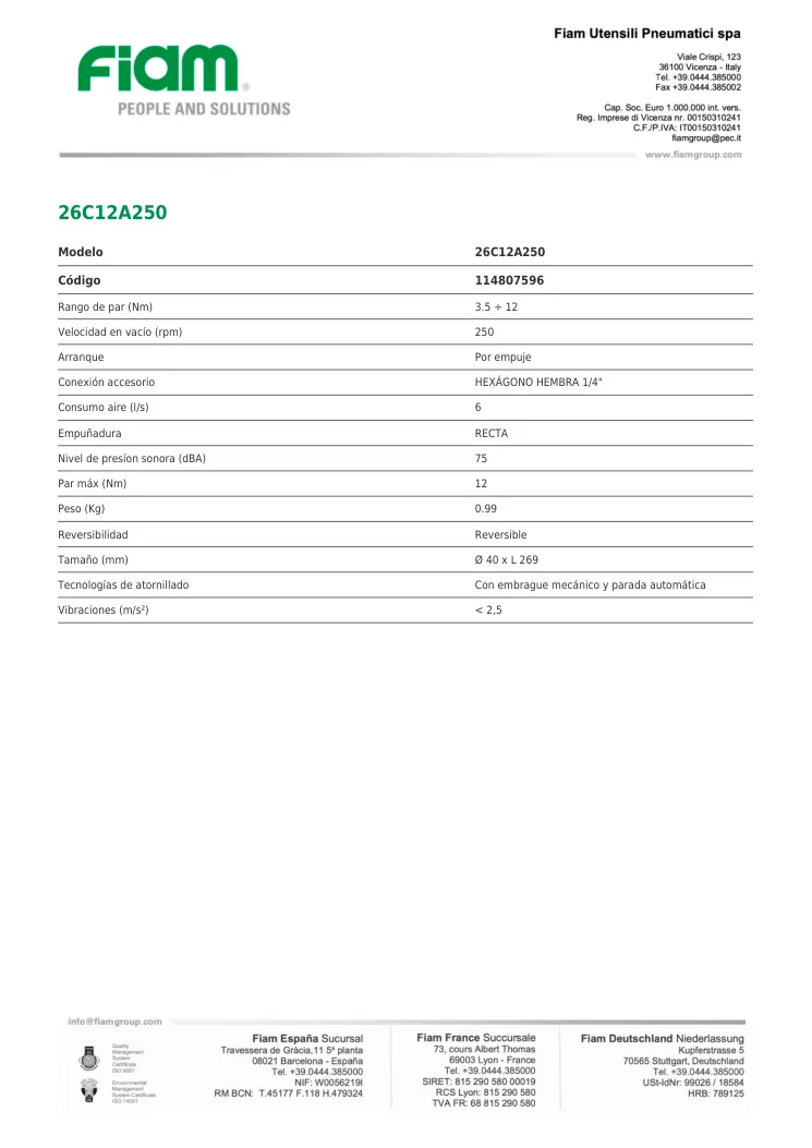 Ficha técnica · 26C12A250 · 26C12A250