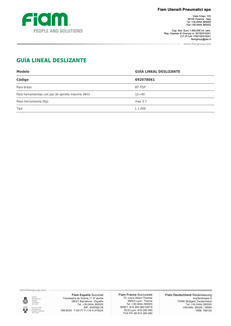 Ficha técnica · GUÍA LINEAL DESLIZANTE · GUÍA LINEAL DESLIZANTE
