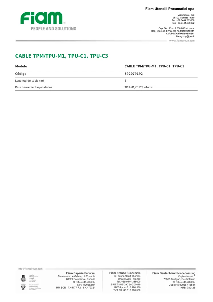 Ficha técnica · CABLE TPM/TPU-M1, TPU-C1, TPU-C3 · CABLE TPM/TPU-M1, TPU-C1, TPU-C3