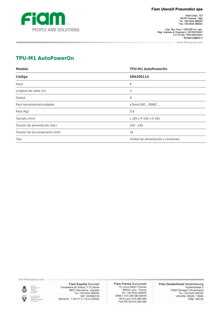 Ficha técnica · TPU-M1 AutoPowerOn · TPU-M1 AutoPowerOn