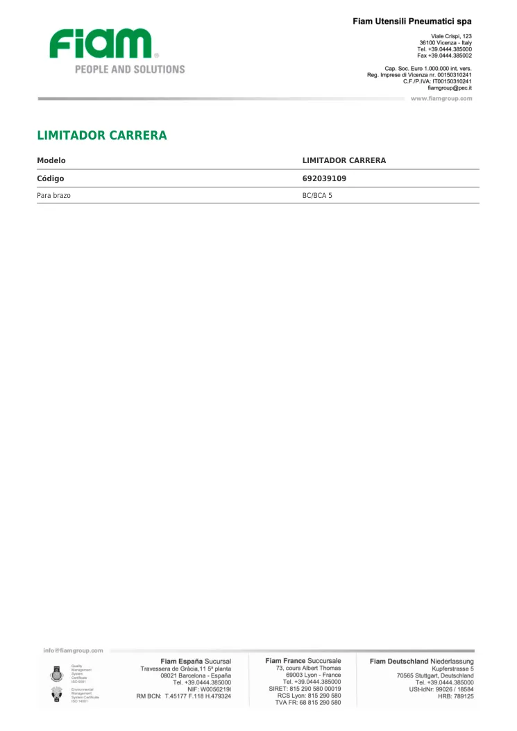 Ficha técnica · LIMITADOR CARRERA · LIMITADOR CARRERA