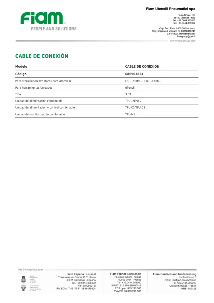Ficha técnica · CABLE DE CONEXIÓN · CABLE DE CONEXIÓN