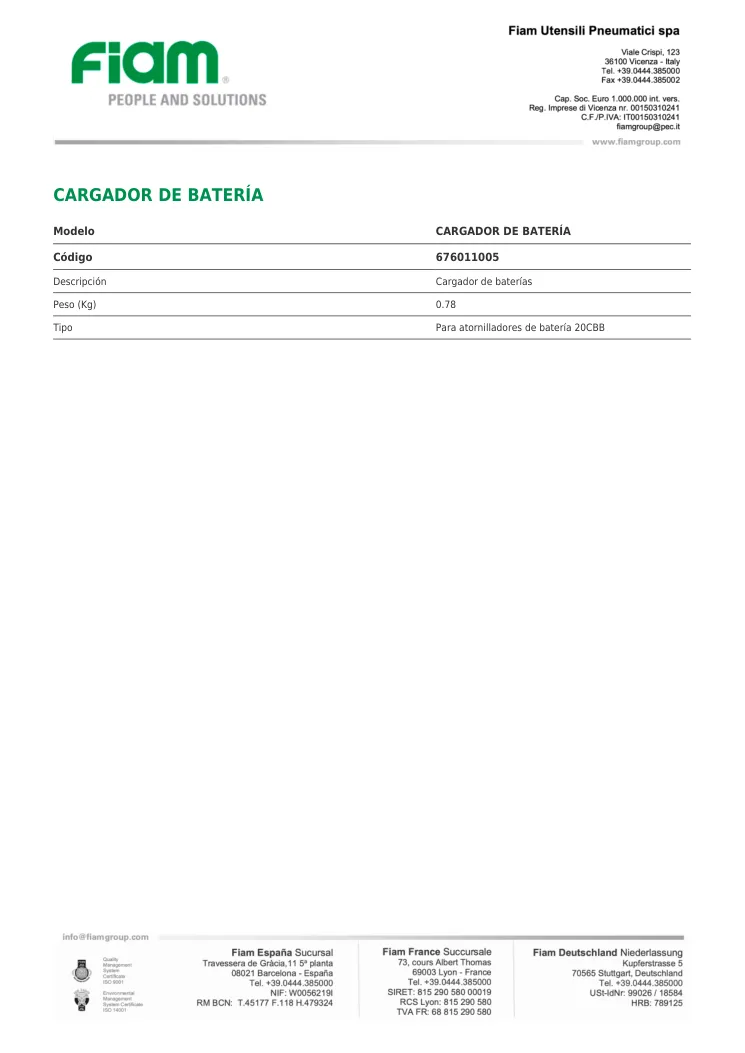 Ficha técnica · CARGADOR DE BATERÍA · CARGADOR DE BATERÍA