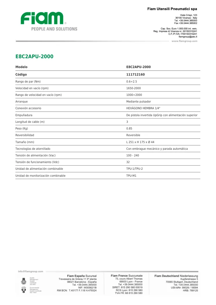 Ficha técnica · E8C2APU-2000 · E8C2APU-2000