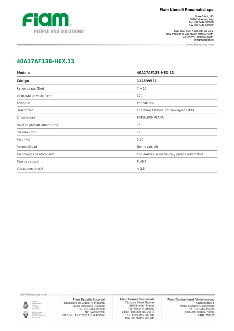 Ficha técnica · 40A17AF13B-HEX.13 · 40A17AF13B-HEX.13