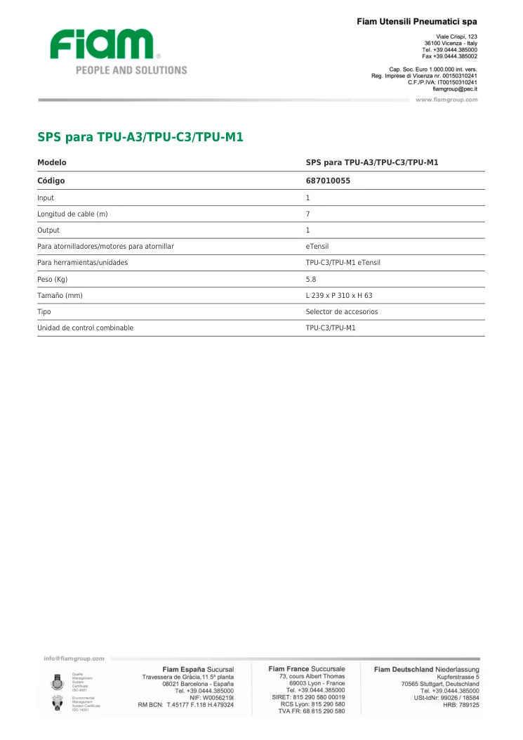 Ficha técnica · SPS para TPU-A3/TPU-C3/TPU-M1 · SPS para TPU-A3/TPU-C3/TPU-M1