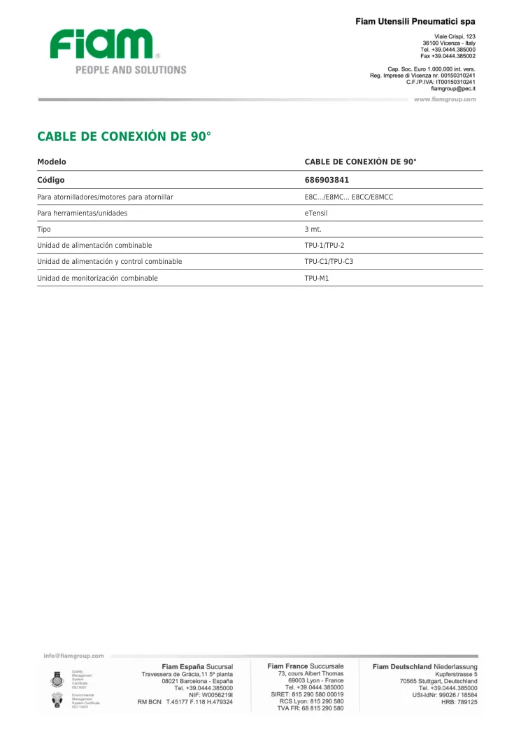 Ficha técnica · CABLE DE CONEXIÓN DE 90° · CABLE DE CONEXIÓN DE 90°