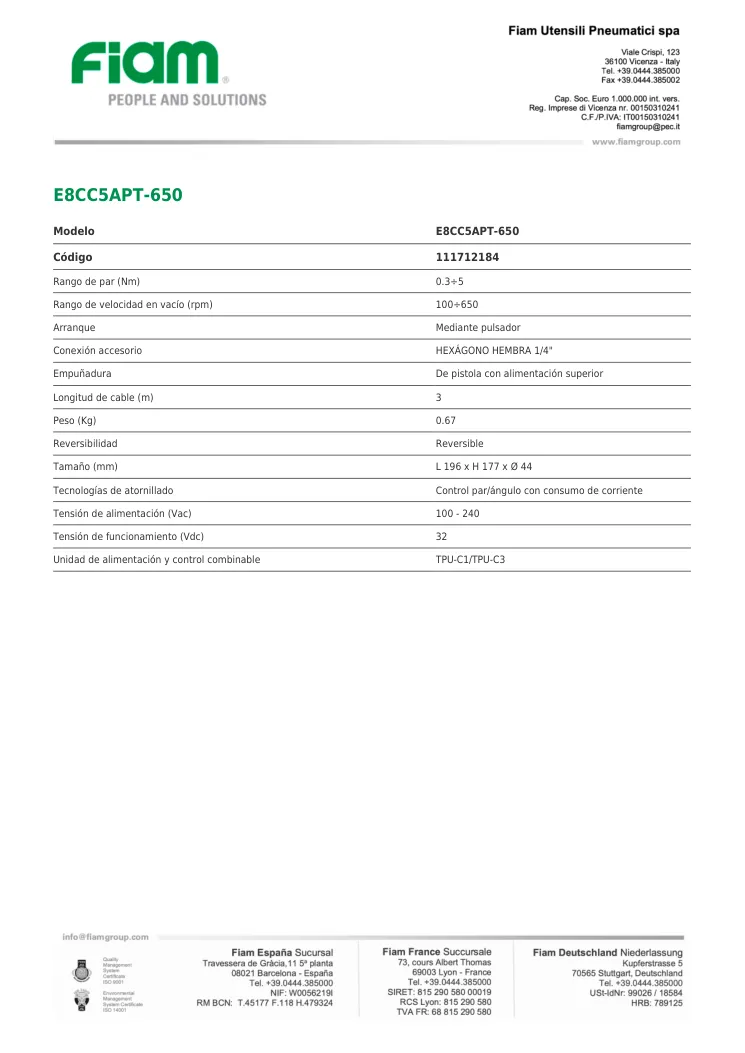Ficha técnica · E8CC5APT-650 · E8CC5APT-650
