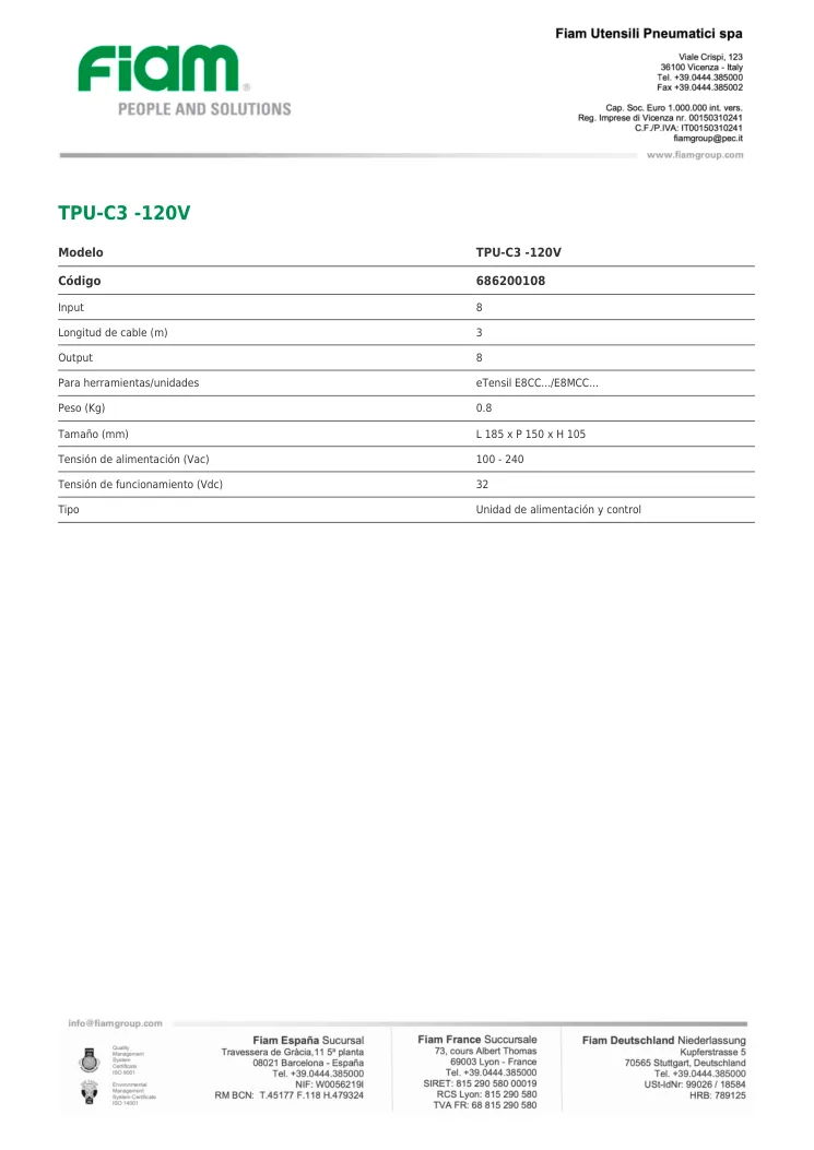 Ficha técnica · TPU-C3 -120V · TPU-C3 -120V