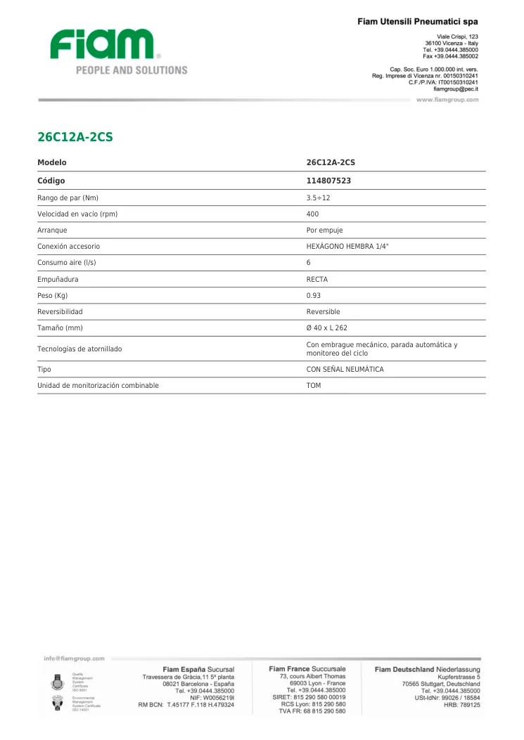 Ficha técnica · 26C12A-2CS · 26C12A-2CS