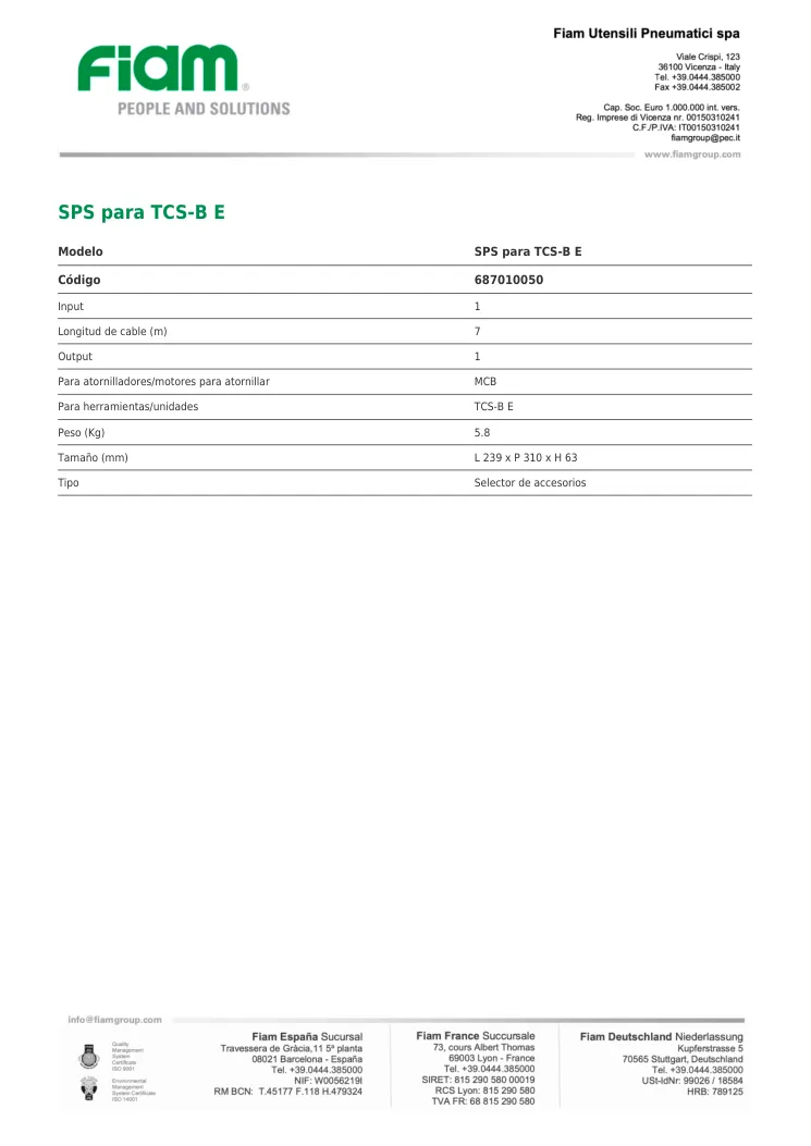 Ficha técnica · SPS para TCS-B E · SPS para TCS-B E
