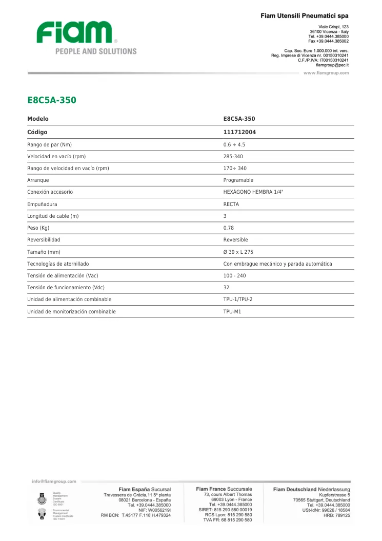 Ficha técnica · E8C5A-350 · E8C5A-350