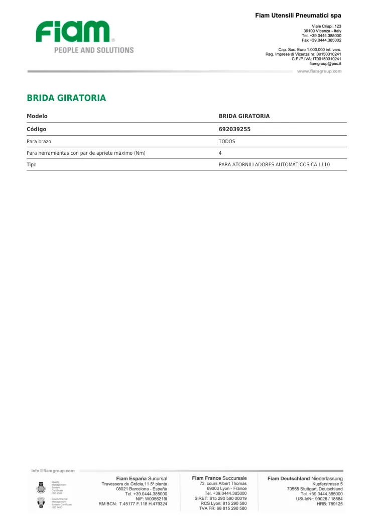 Ficha técnica · BRIDA GIRATORIA · BRIDA GIRATORIA
