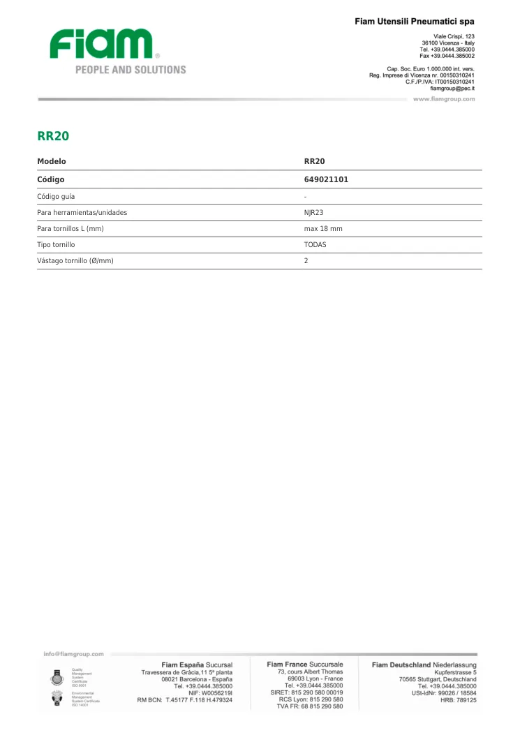 Ficha técnica · RR20 · RR20