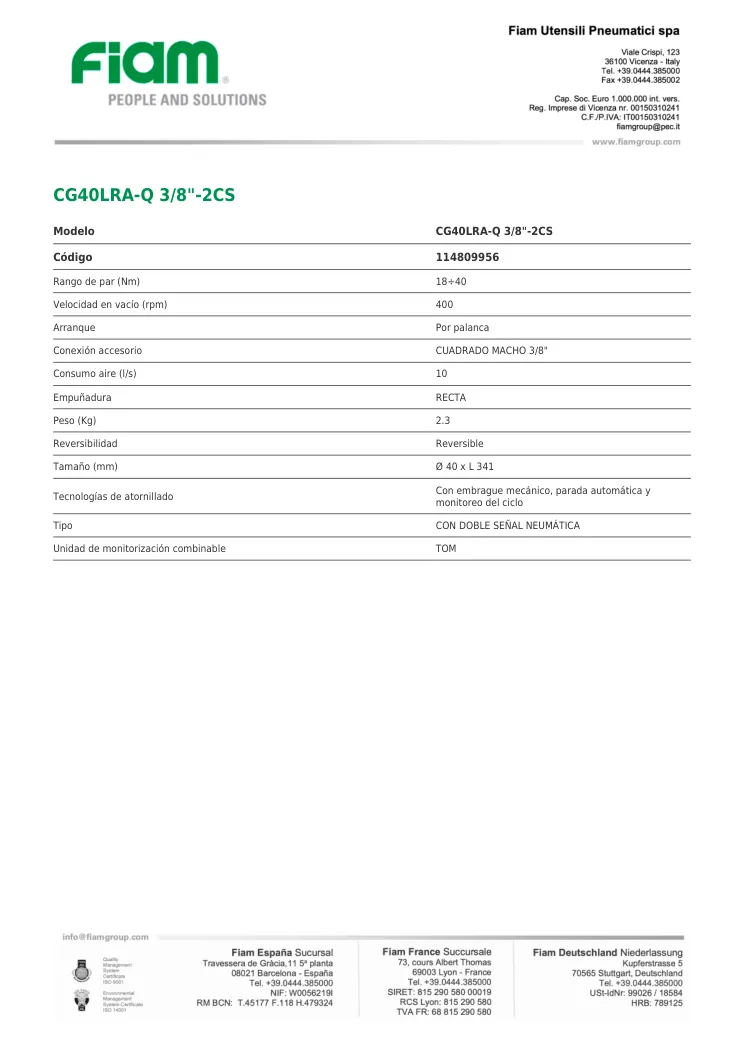 Ficha técnica · CG40LRA-Q 3/8"-2CS · CG40LRA-Q 3/8"-2CS