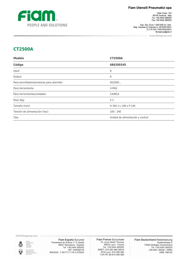 Ficha técnica · CT2500A · CT2500A