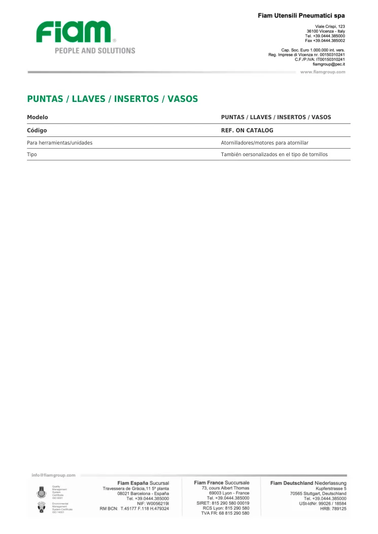 Ficha técnica · PUNTAS / LLAVES / INSERTOS / VASOS · PUNTAS / LLAVES / INSERTOS / VASOS