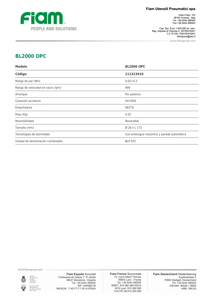 Ficha técnica · BL2000 OPC · BL2000 OPC