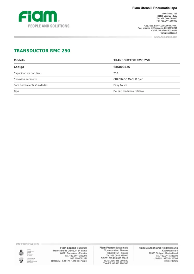 Ficha técnica · TRANSDUCTOR RMC 250 · TRANSDUCTOR RMC 250
