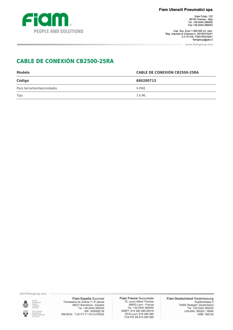 Ficha técnica · CABLE DE CONEXIÓN CB2500-25RA · CABLE DE CONEXIÓN CB2500-25RA