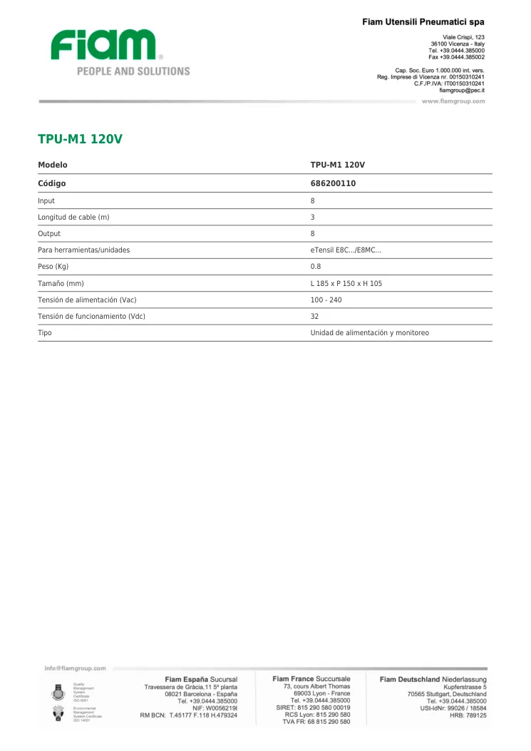 Ficha técnica · TPU-M1 120V · TPU-M1 120V