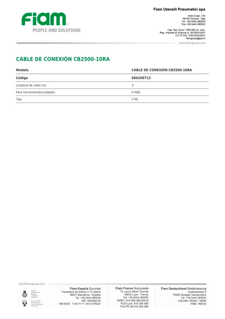 Ficha técnica · CABLE DE CONEXIÓN CB2500-10RA · CABLE DE CONEXIÓN CB2500-10RA