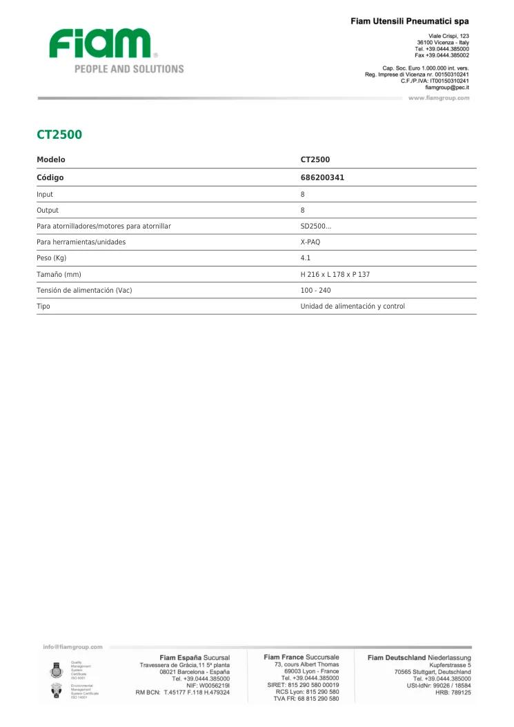 Ficha técnica · CT2500 · CT2500