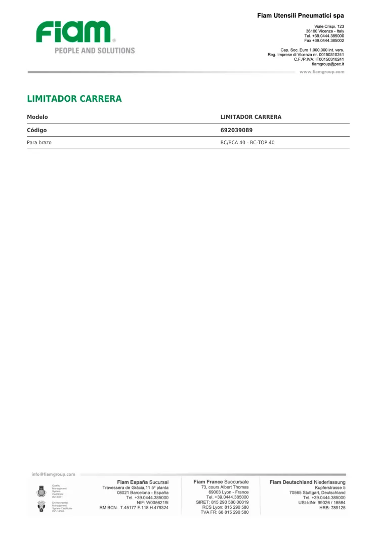 Ficha técnica · LIMITADOR CARRERA · LIMITADOR CARRERA