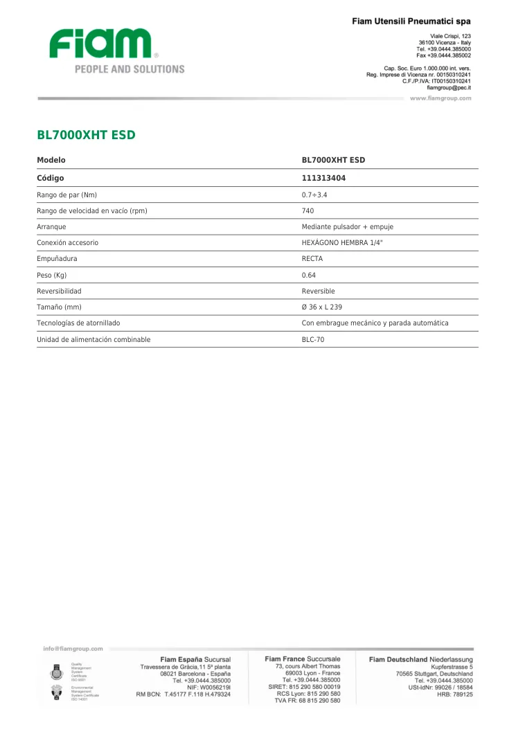 Ficha técnica · BL7000XHT ESD · BL7000XHT ESD