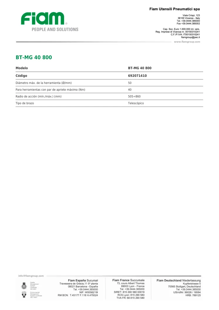 Ficha técnica · BT-MG 40 800 · BT-MG 40 800